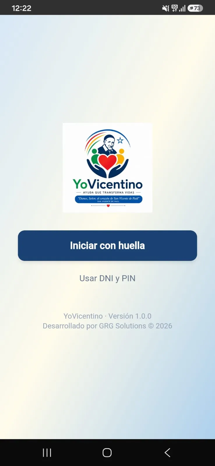Pantalla de inicio de sesión de la app YoVicentino, con opción de ingresar con huella o con DNI y PIN