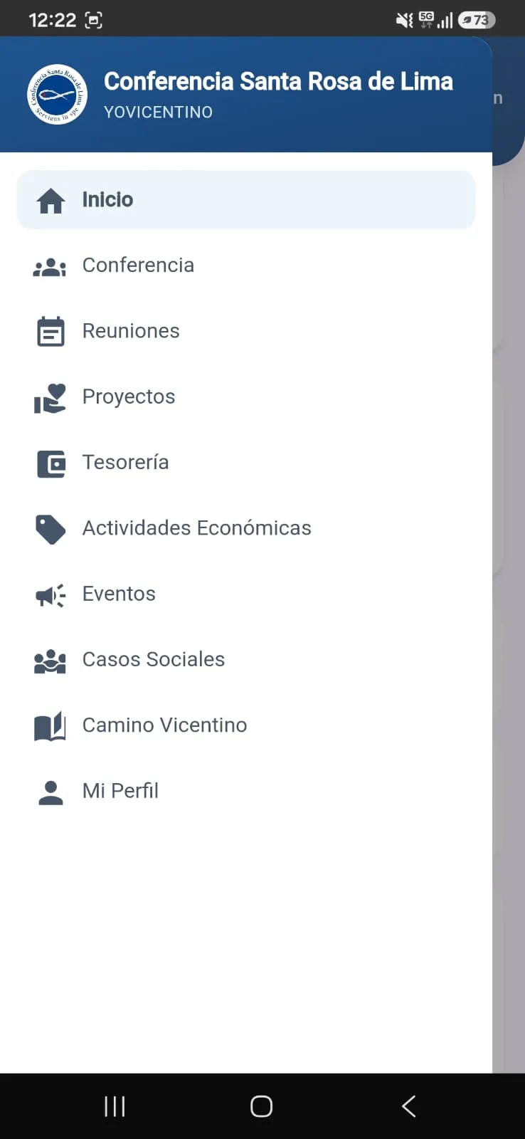 Menú principal de la app YoVicentino con las secciones Inicio, Conferencia, Reuniones, Proyectos, Tesorería, Actividades Económicas, Eventos, Casos Sociales, Camino Vicentino y Mi Perfil
